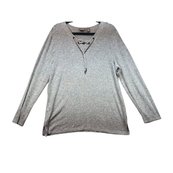 Chicos Womens Knitted Sweater Size 2 Gray Striped Pullover Lace Up Long Sleeves - Picture 1 of 14